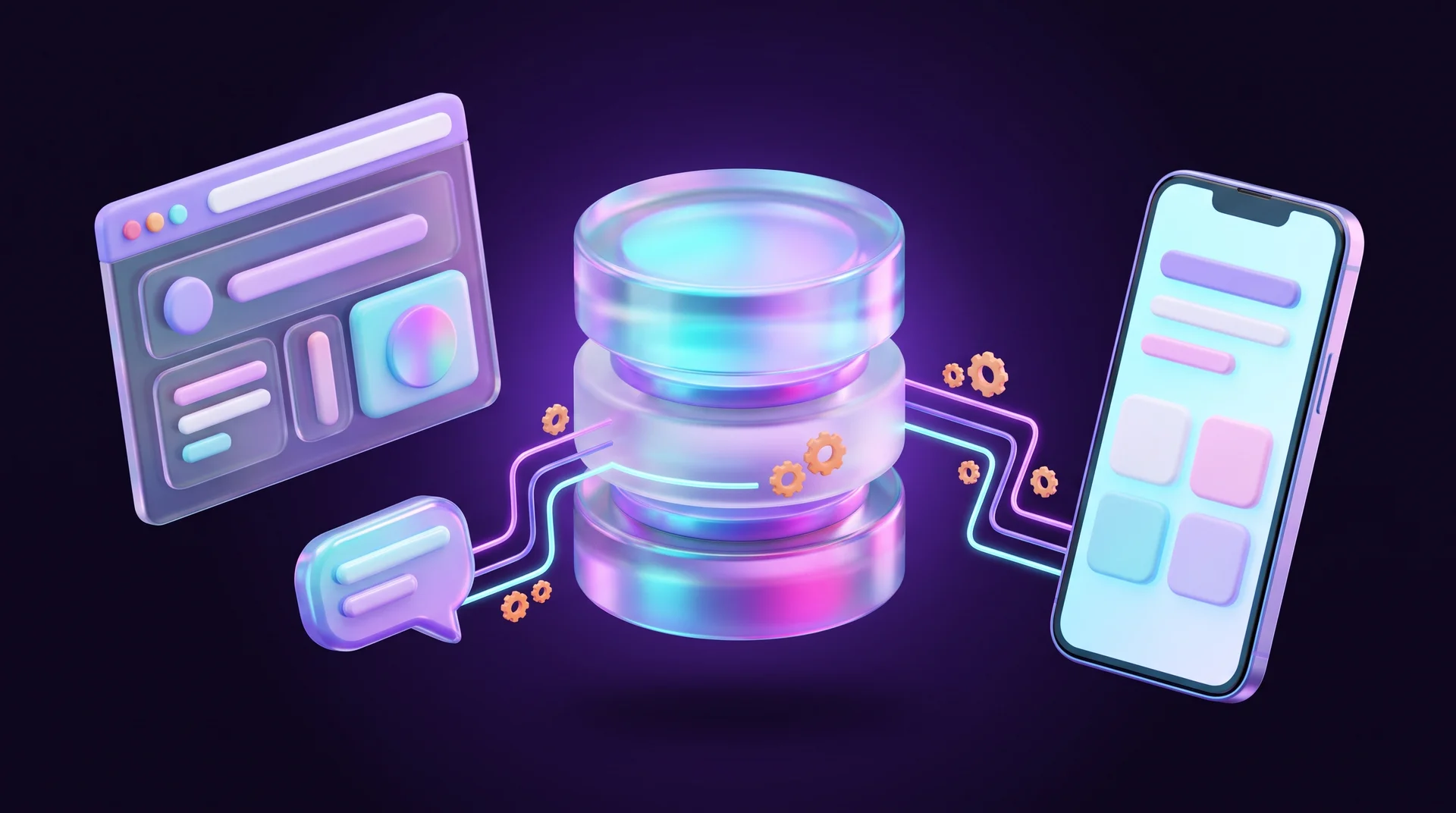 A glossy database cylinder in the centre, with a 3D website window, a chat bubble and a smartphone connected to it by glowing light beams, plus small orange gears