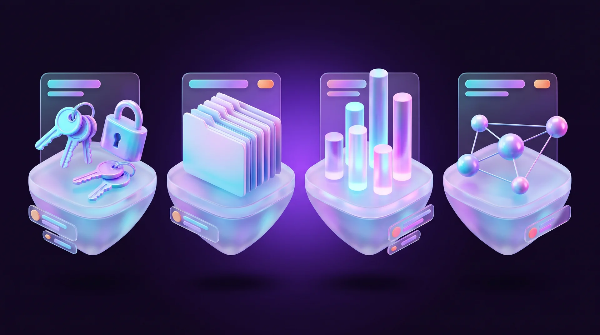 Four floating glass islands: one with pairs of keys and padlocks, one with a stack of document folders, one with glowing cylinders of different heights and one with a network of connected spheres