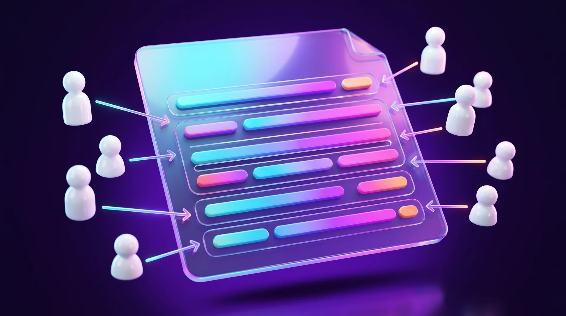 A glossy 3D document with empty coloured rows, surrounded by small white figures and arrows connecting each figure to a different row