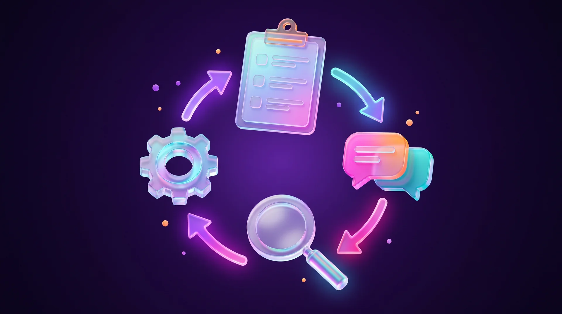 Four glass objects arranged in a circle and connected by glowing arrows: a planning board, speech bubbles, a magnifying glass and a gear