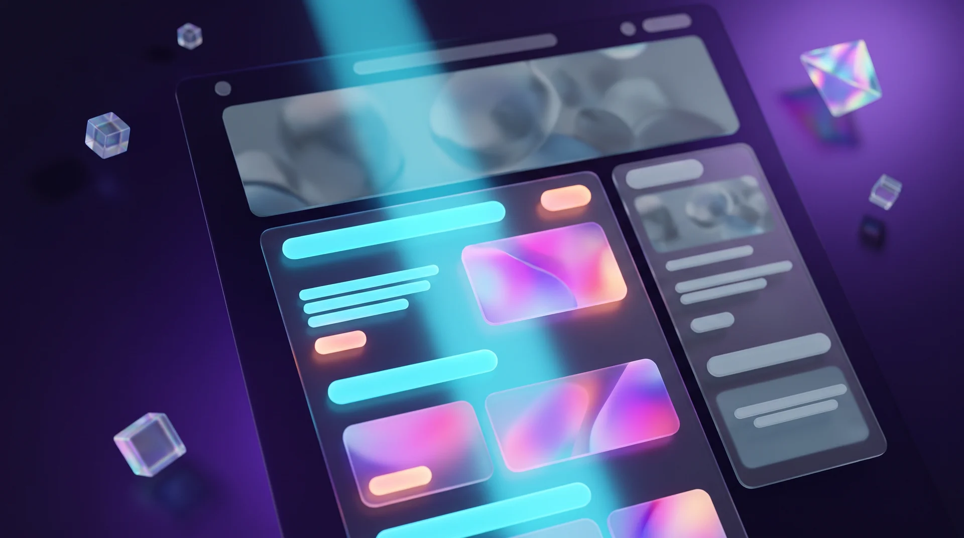 A glass website page where the central content column glows light blue, while banners at the side and top are faded and blurred