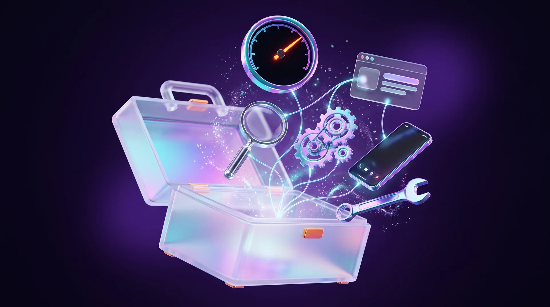 An open glass toolbox with a magnifying glass, gears, a browser window, a smartphone, a wrench and a speedometer floating out of it, all linked by glowing lines