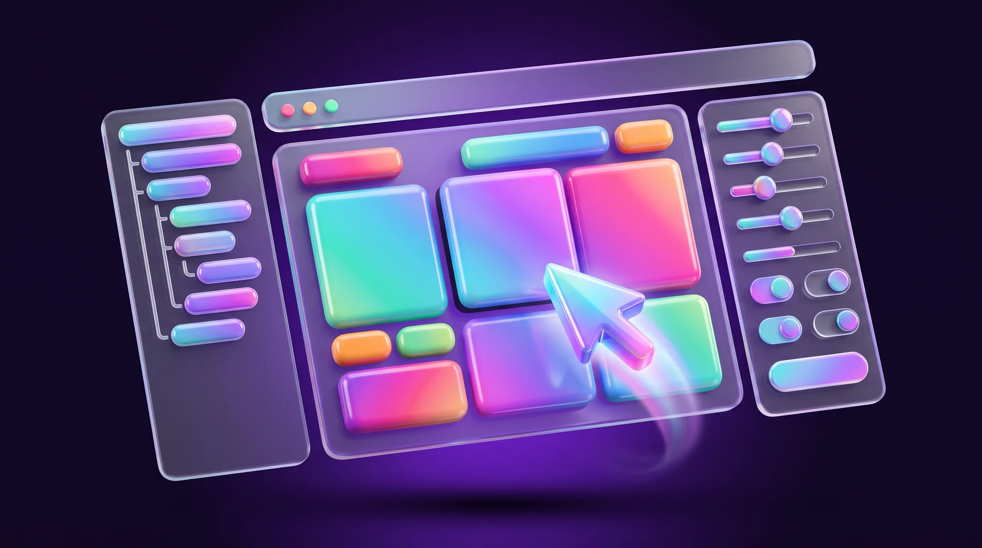A frosted-glass visual editor window showing a web page built from colourful blocks, with a layers tree panel on the left, a panel of sliders and controls on the right, and a mouse cursor dragging a block into place
