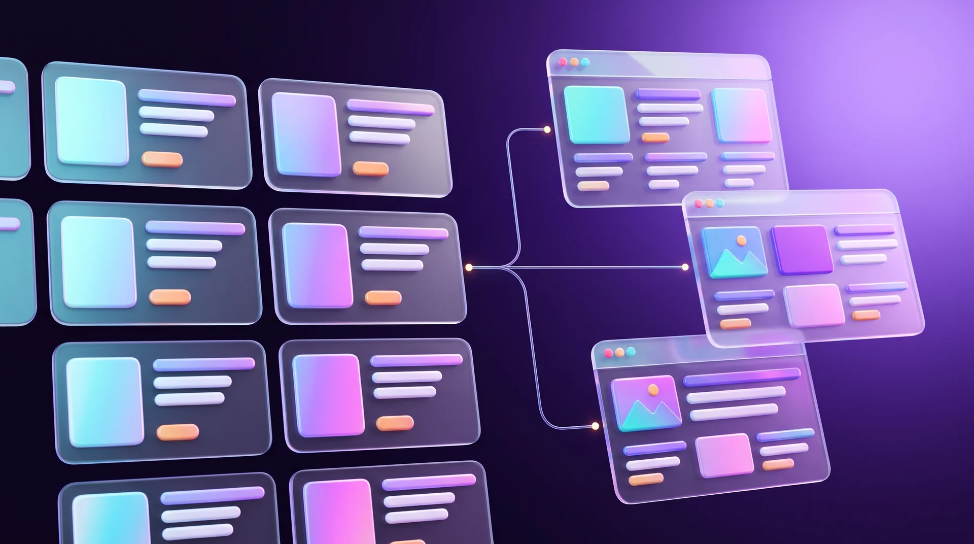 Several glass content cards arranged in columns like a table, with a glowing line linking one of them to three floating web pages built from the same template