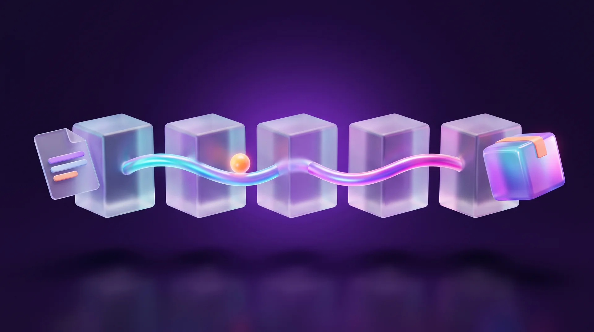 A document entering a chain of five glass cubes linked by a glowing tube, with an orange sphere travelling between them and a parcel coming out at the end