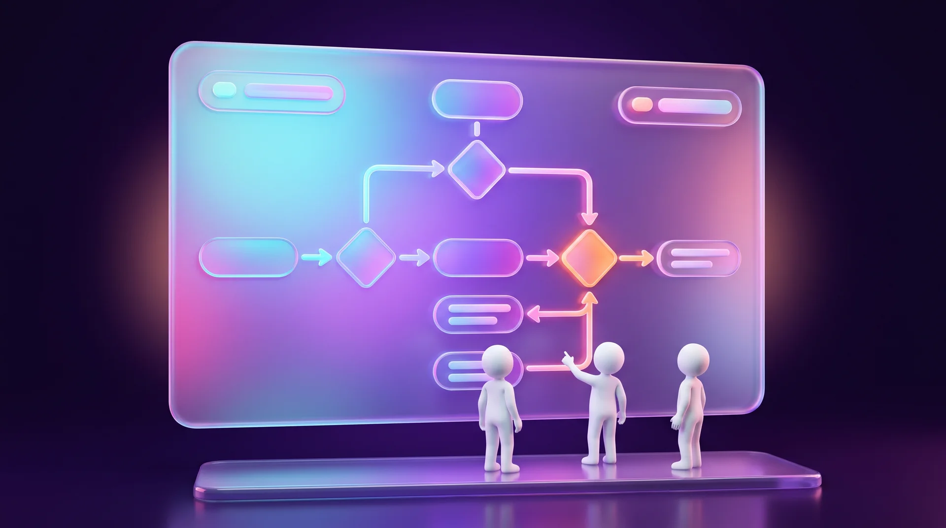 A giant 3D glass board showing a flowchart of rounded shapes and glowing arrows, with three faceless white figures pointing at it