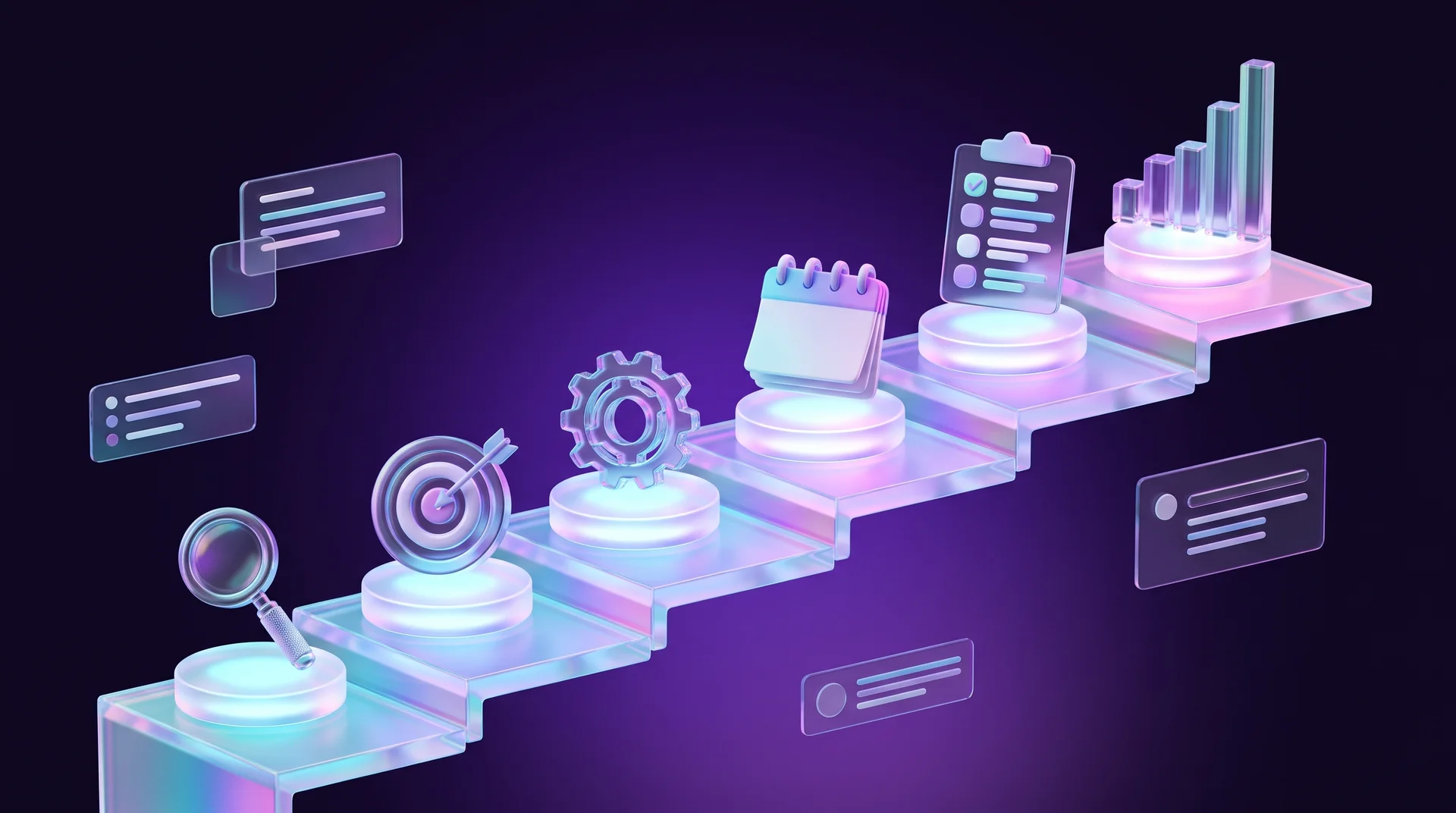 Rising 3D glass stairs with six glowing platforms, each holding a small object – a magnifying glass, a target, a gear, a calendar, a task board and a bar chart