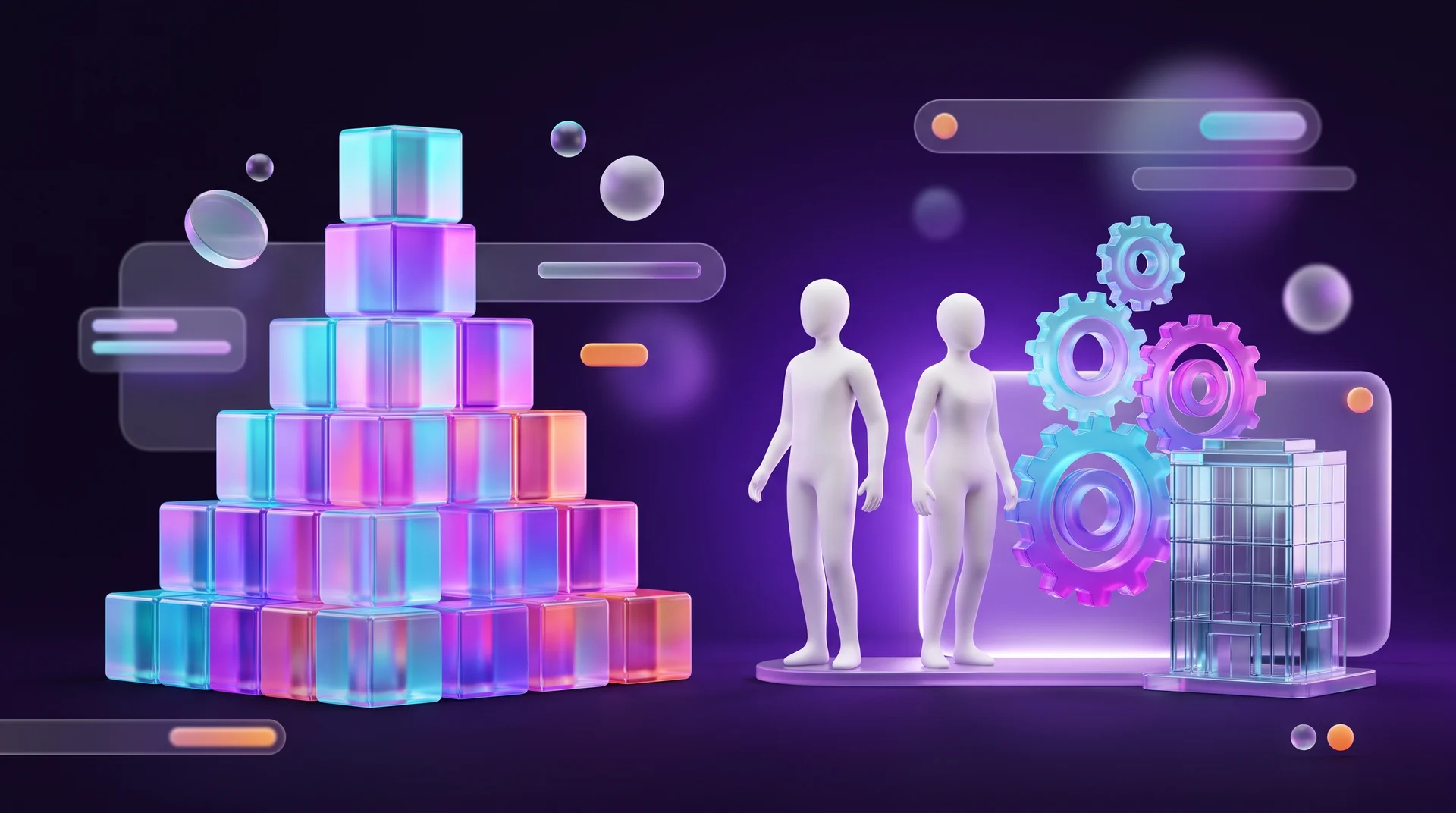 A 3D pyramid of glossy glass cubes in different colours, next to two faceless white 3D figures, gears and a small glass building