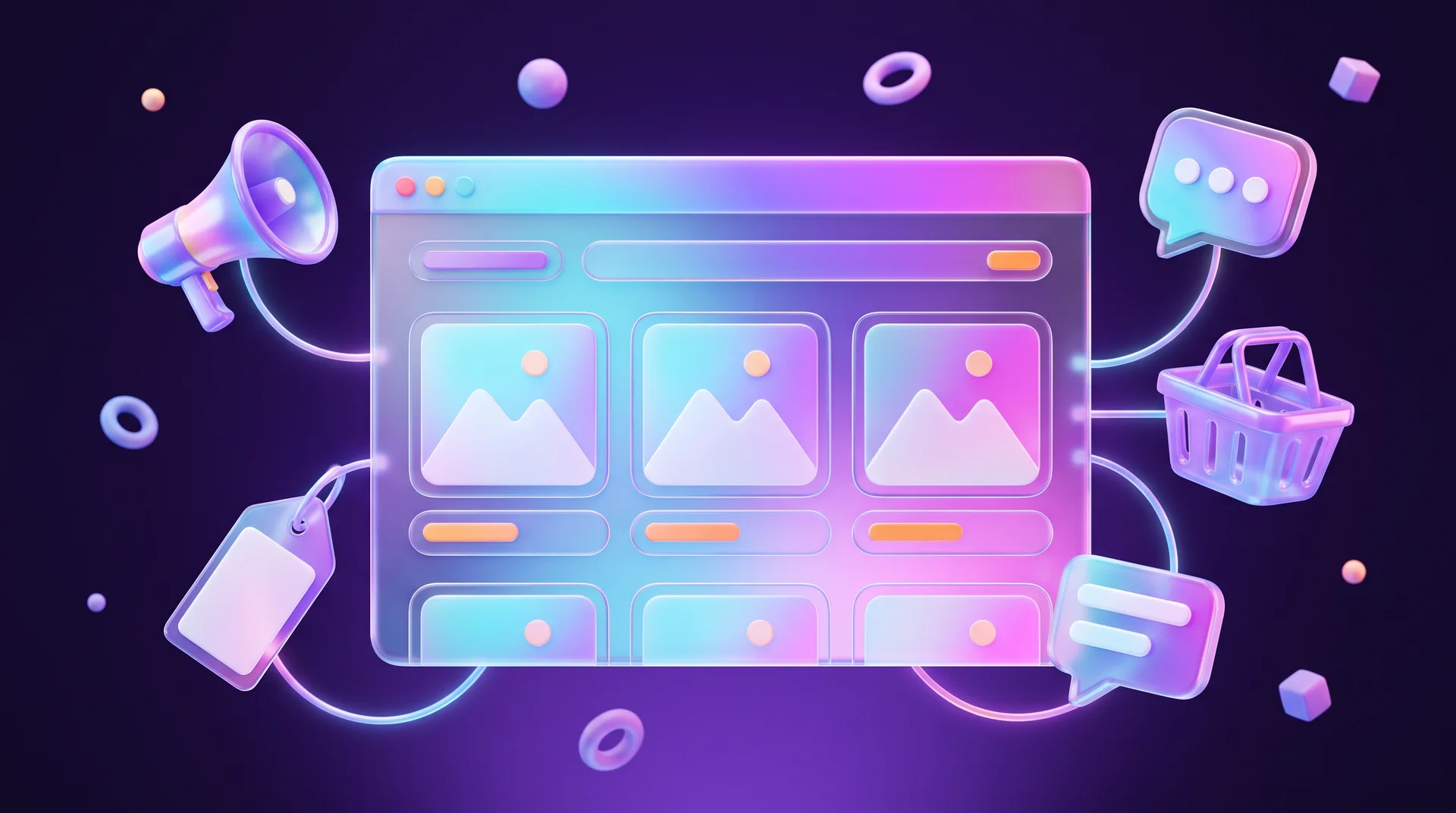 A 3D glass browser window with product cards, surrounded by a glossy megaphone, a price tag, a shopping basket and chat bubbles