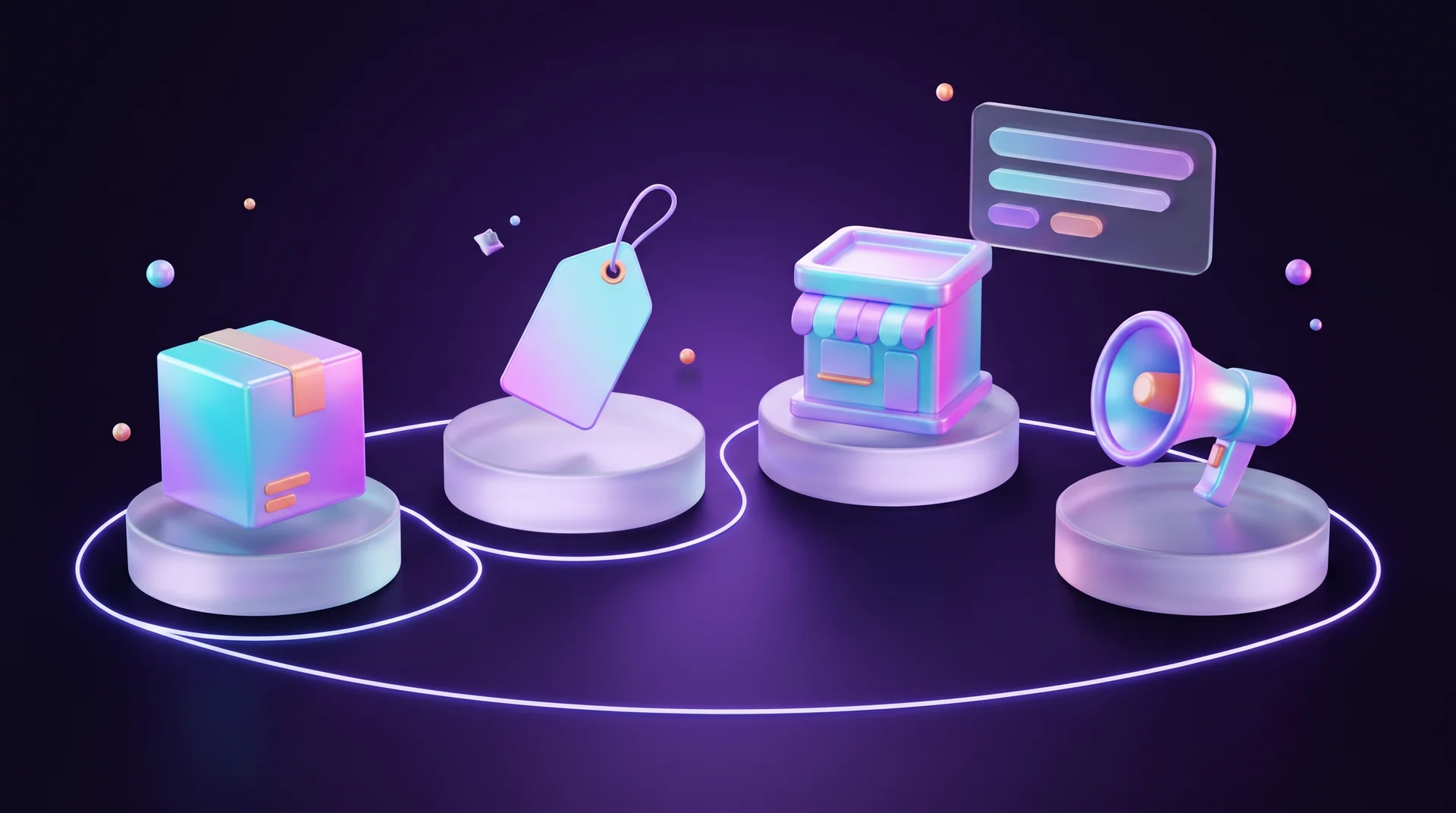 Four glossy 3D objects on glass pedestals – a cardboard box, a price tag, a small shop and a megaphone – connected by a line of light