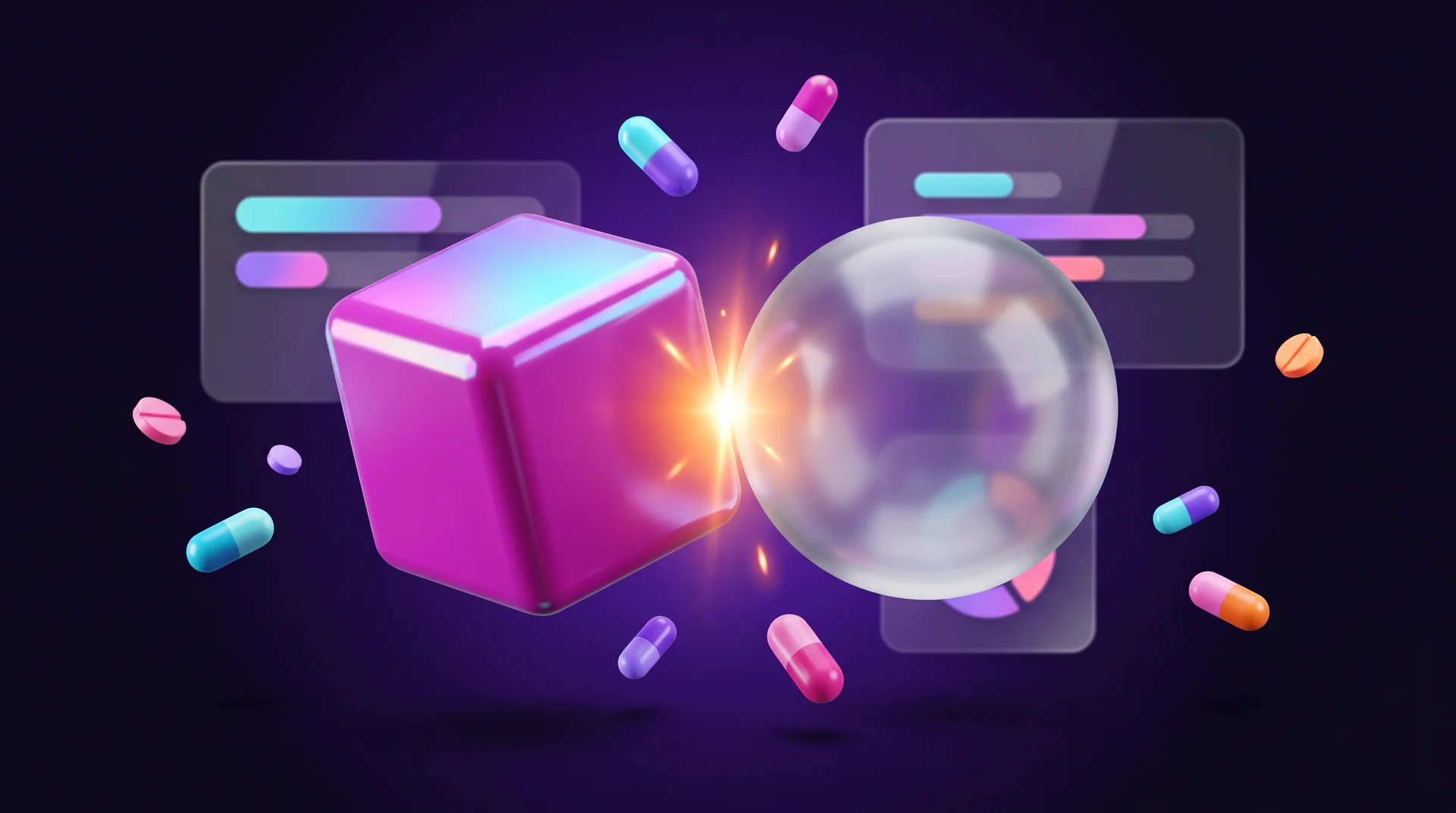A transparent glass sphere and a glossy cube moving towards each other like two puzzle pieces, with a flash of orange light between them and colourful capsules around them