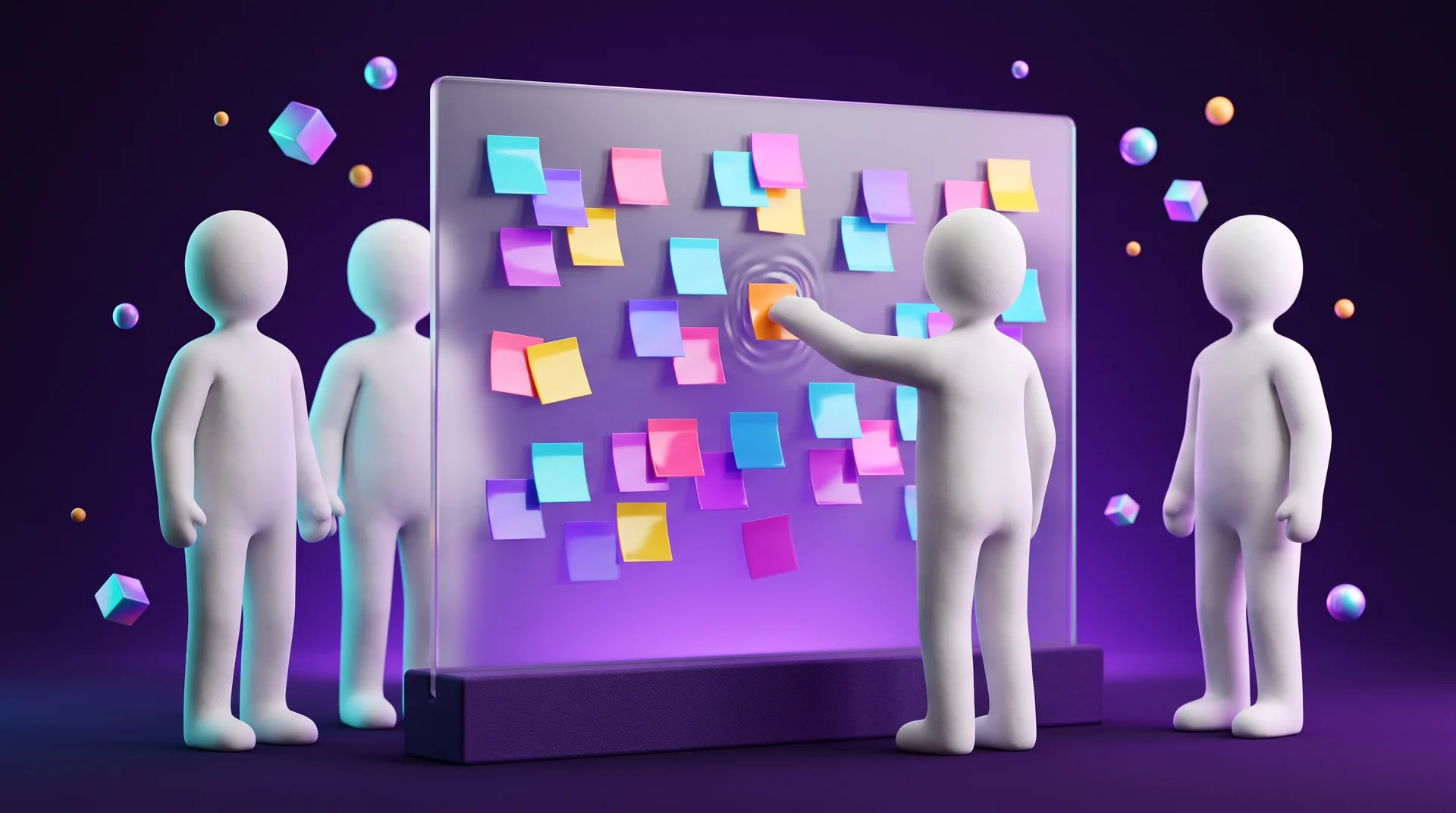 A group of white 3D figures around a large glass board covered in colourful sticky notes, one of them placing an orange note