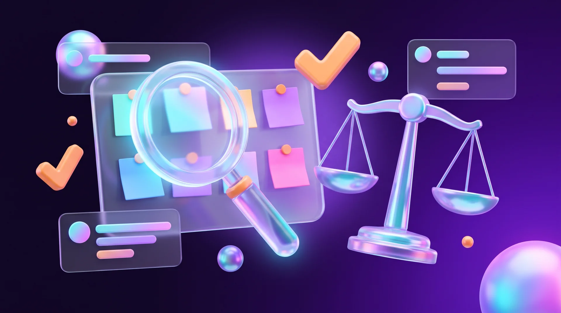 A glowing magnifying glass above a glass board with sticky notes, next to shiny scales and floating orange tick marks