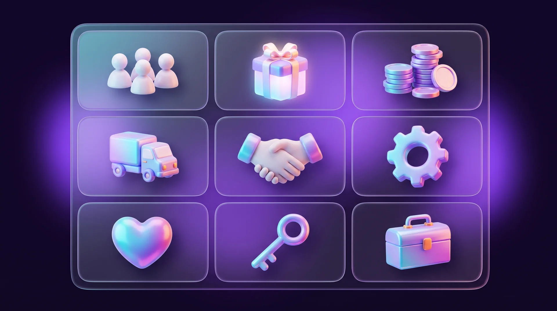 A transparent glass board divided into nine cells, each holding a different 3D icon: figures, a gift box, a stack of coins, a truck, a handshake, a gear, a heart, a key and a toolbox