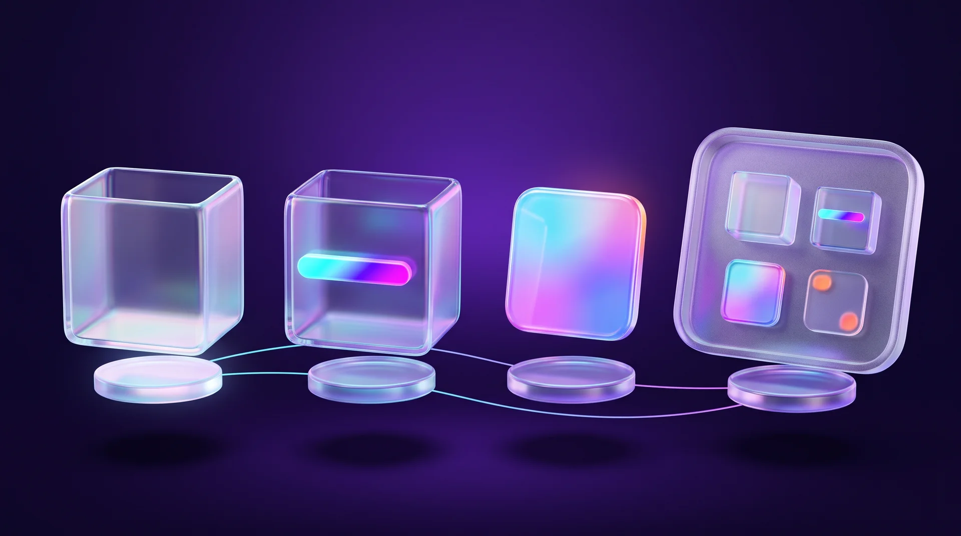 An empty glass box, a box with a glowing heading bar, a standalone colourful tile and a large glass tray holding four small blocks, on floating platforms joined by glowing lines