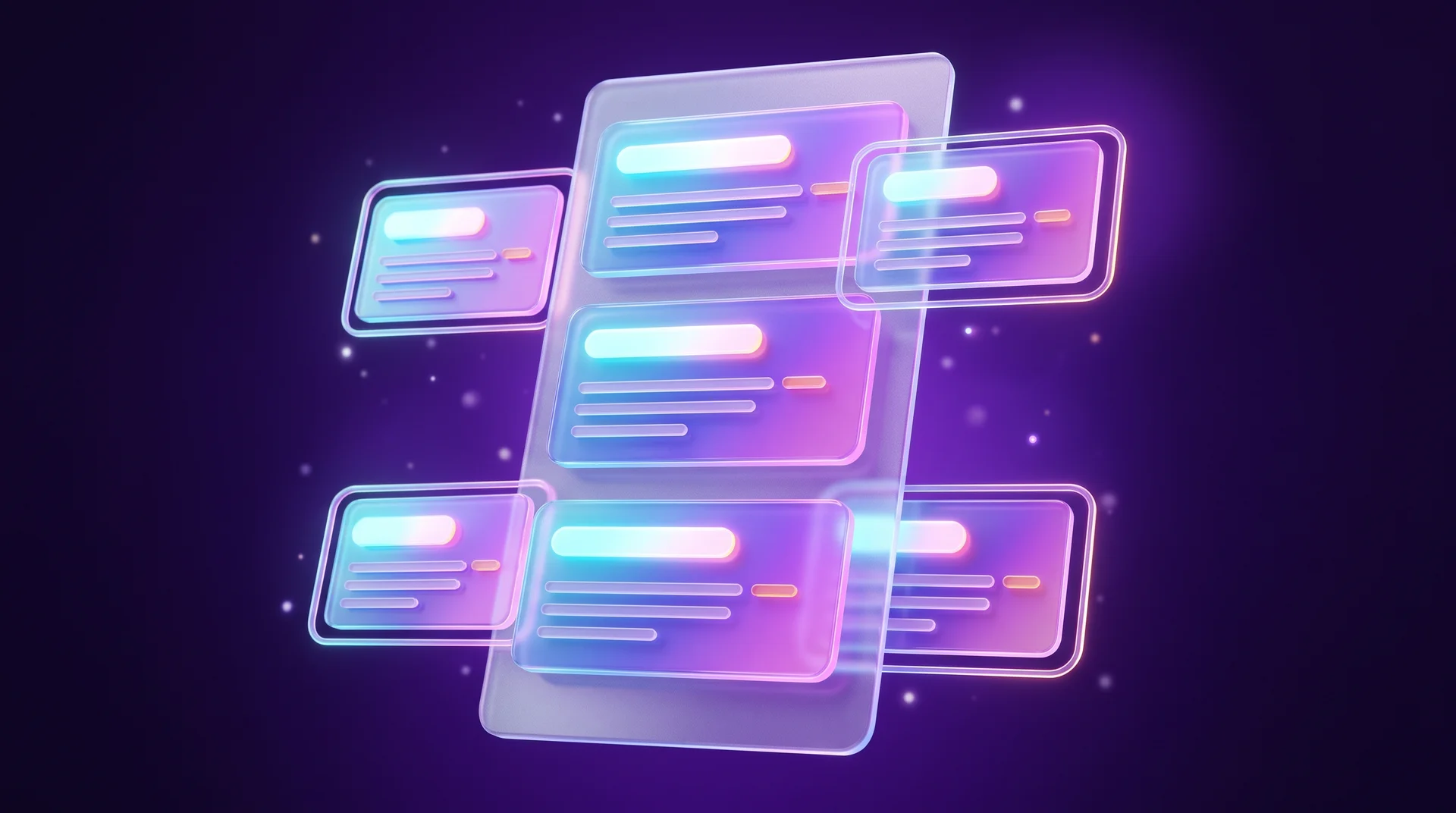 A three-dimensional glass web page with its blocks lifting out in layers, each purple block carrying a glowing cyan heading bar