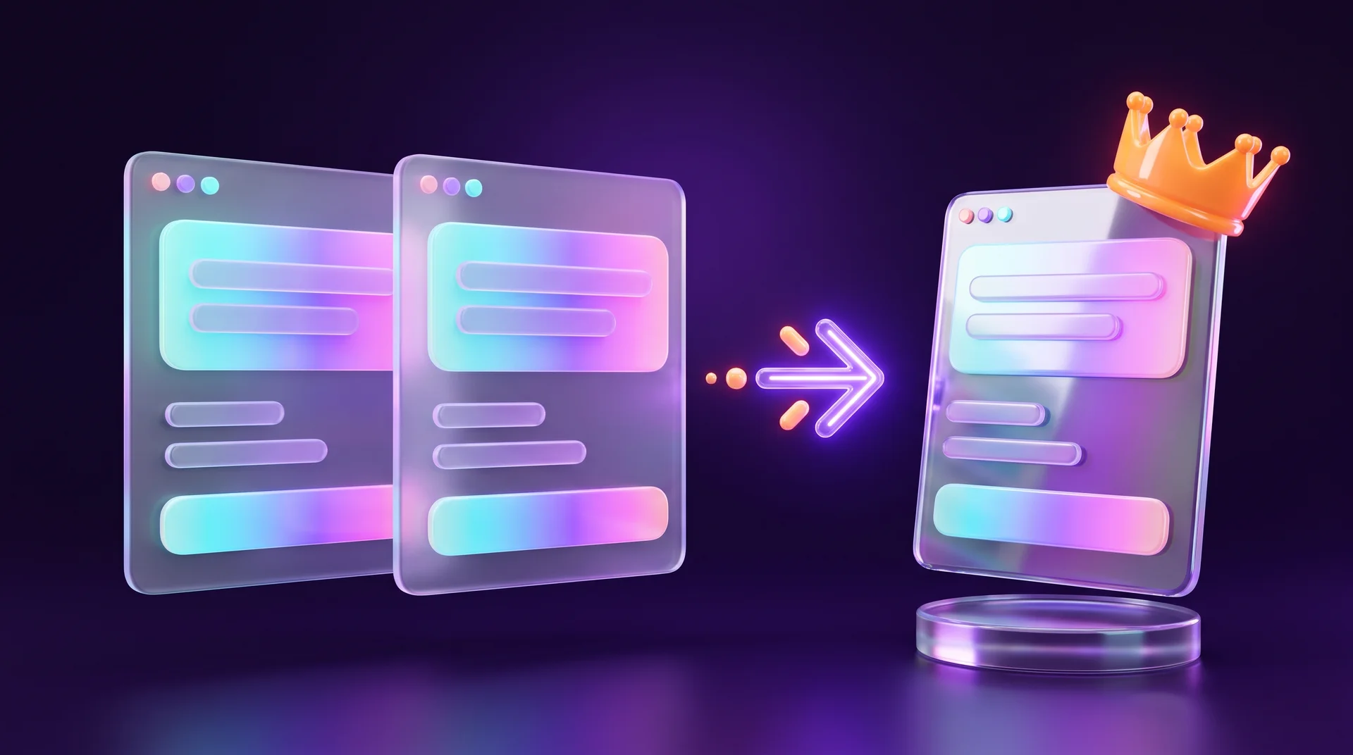 Two identical glass web pages floating side by side, with a glowing purple arrow leading from one of them to a third, shiny page topped with an orange crown