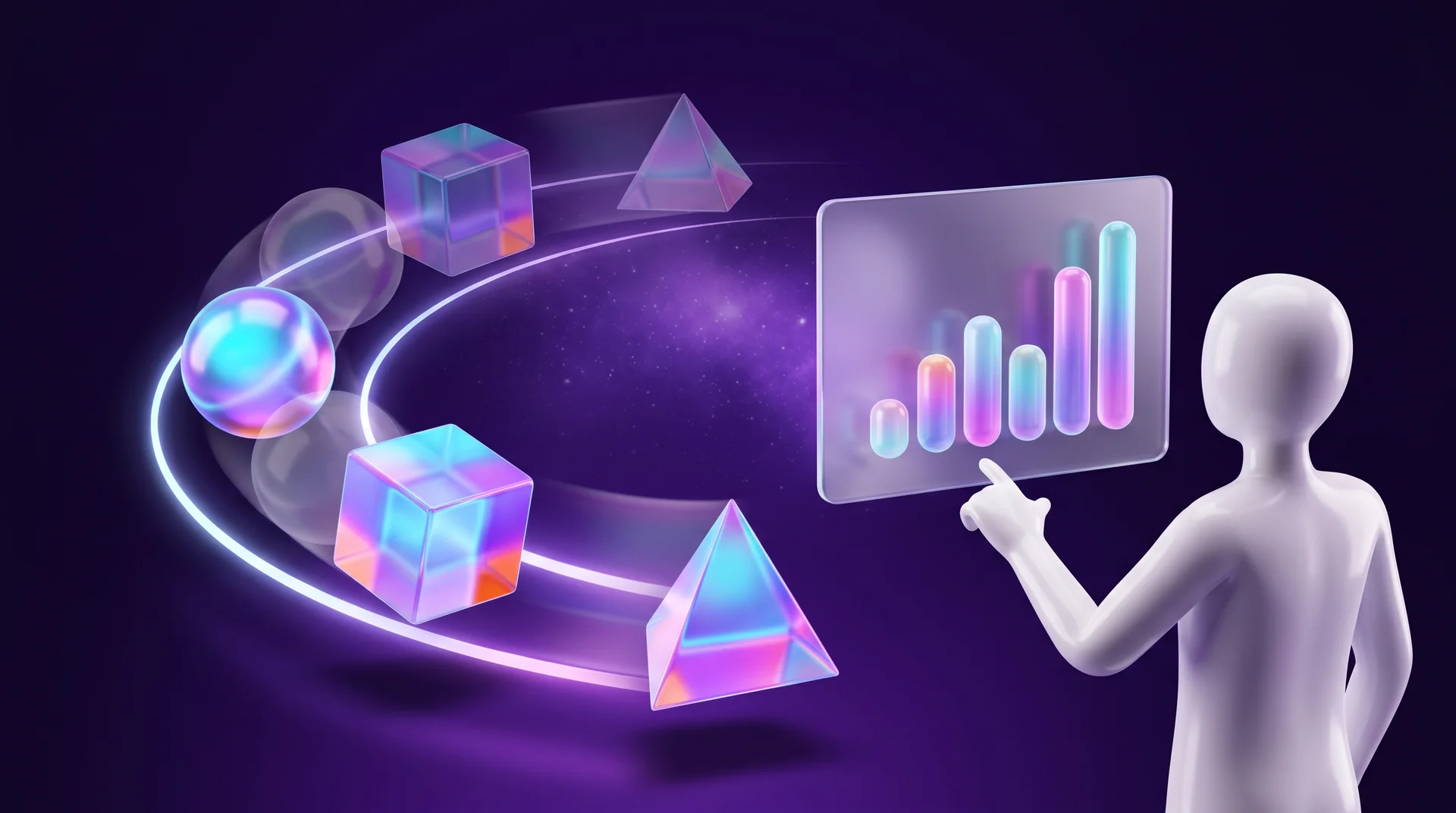 Glossy glass geometric shapes travelling along a glowing ring-shaped orbit next to a faceless white 3D figure pointing at a glass screen with a bar chart