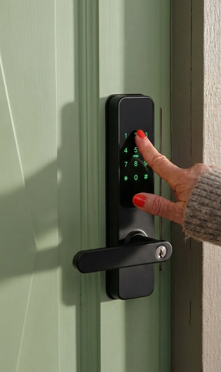 A guest's hand unlocking a door with a fingerprint smart lock