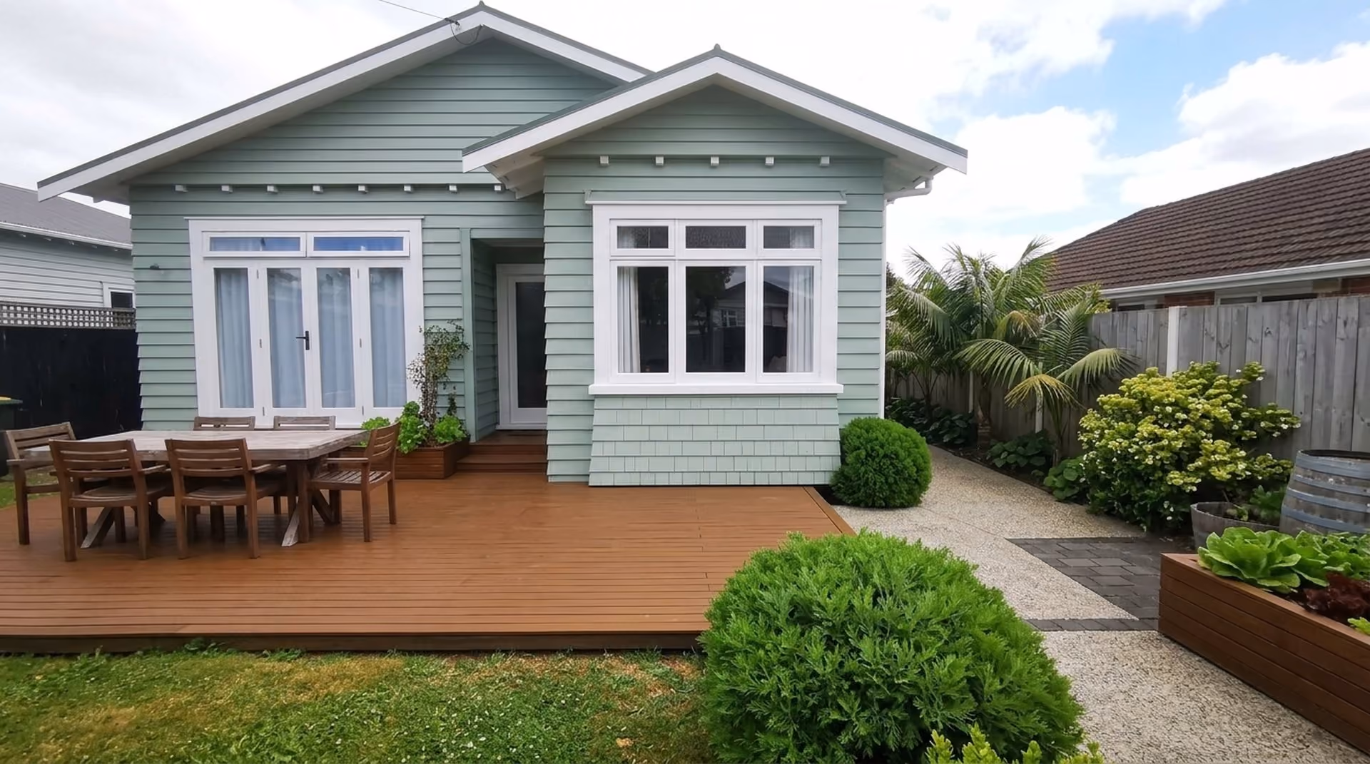 A small light green house with white trim features a wooden deck with a dining table and chairs, surrounded by green shrubs and a gravel pathway beside the house, with another house and wooden fence in the background.