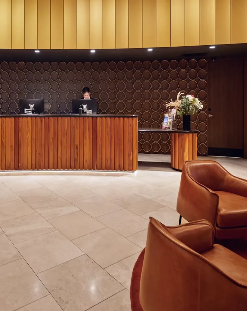 Reception desk in a hotel lobby