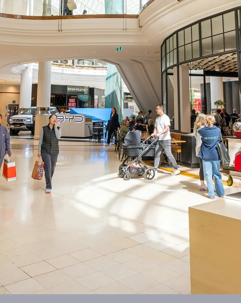 Shoppers walking through a shopping mall