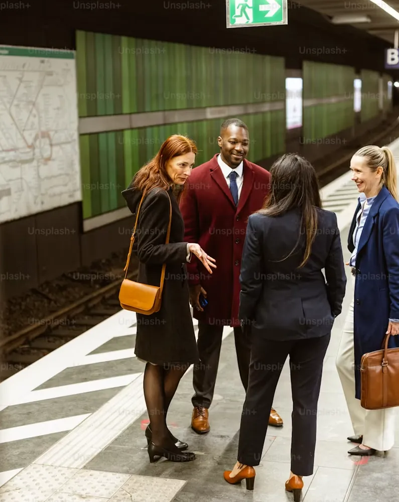 Passengers talking on a metro platform