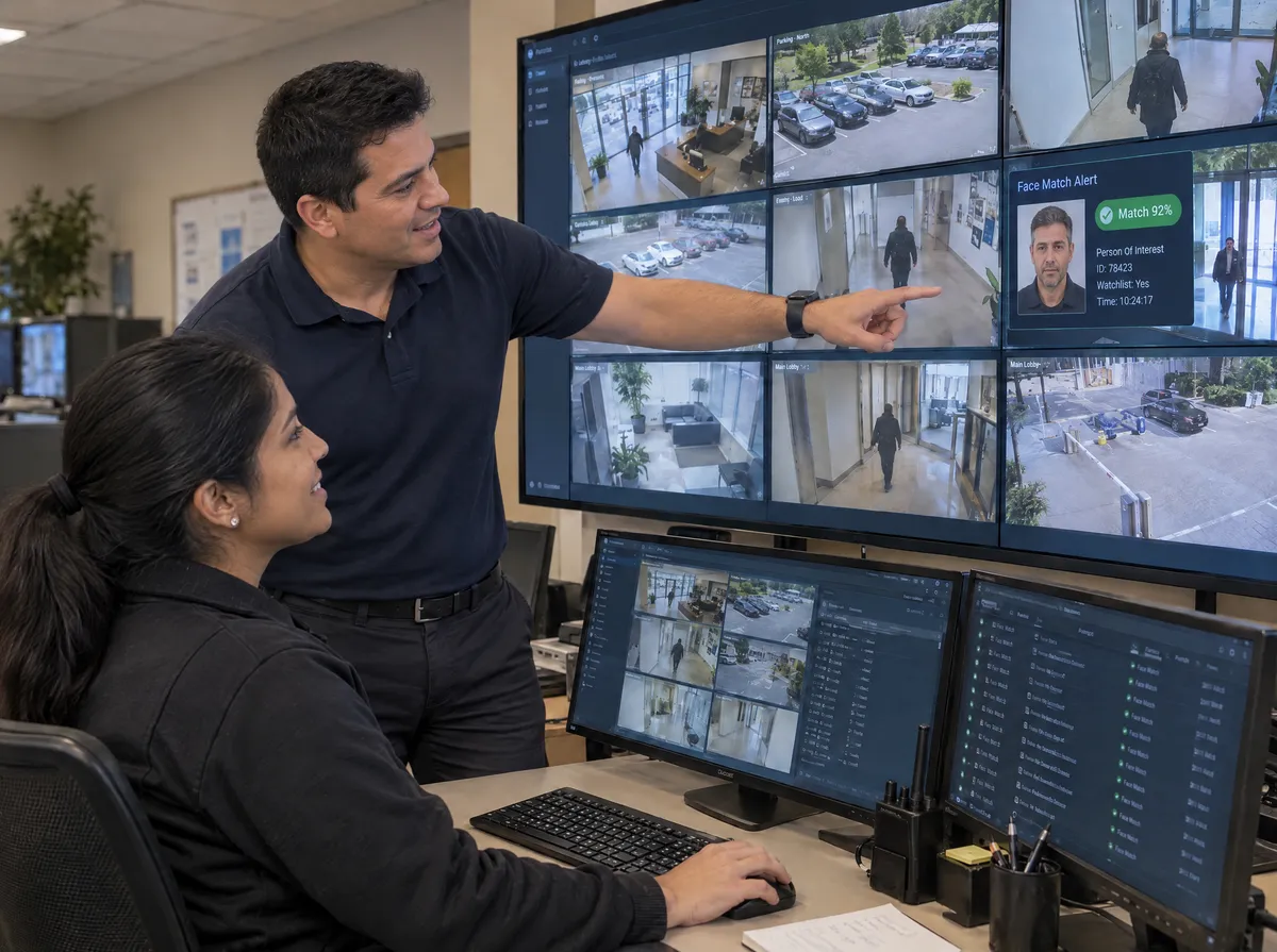 An integrator and a security operator review a face recognition alert on a video wall