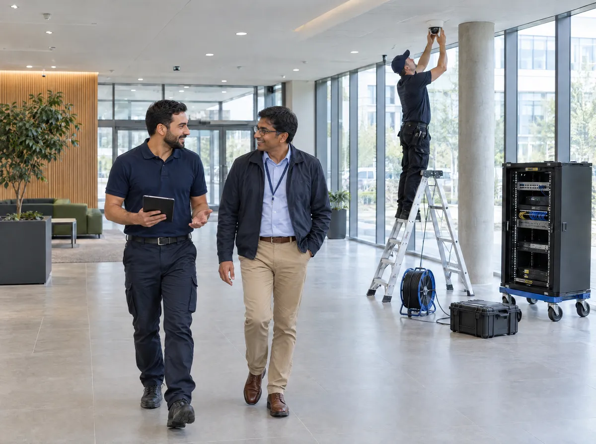 An integrator walks a client through the lobby while a technician installs a camera