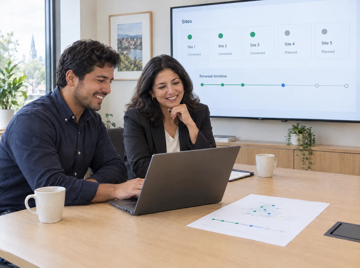 An integrator and a client review connected sites on a meeting room screen