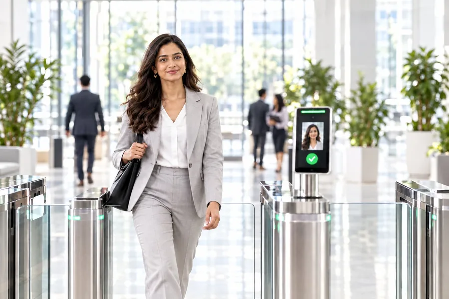 An employee walks through an office turnstile with a face recognition terminal