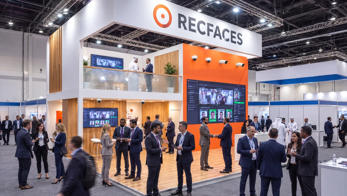 A large RecFaces stand at an international security trade show. Cameras above the screens recognise visitors on both floors of the stand.