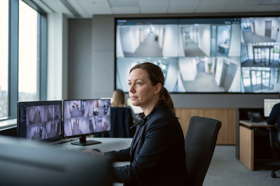 An operator in a security control room watches camera feeds on a video wall