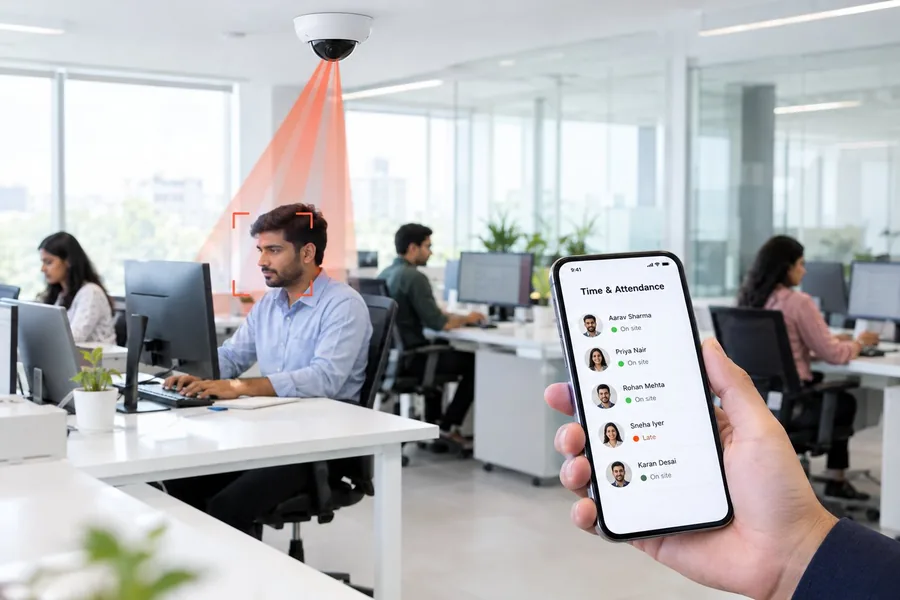 An open-plan office where a ceiling camera records attendance, with the time and attendance app on a phone
