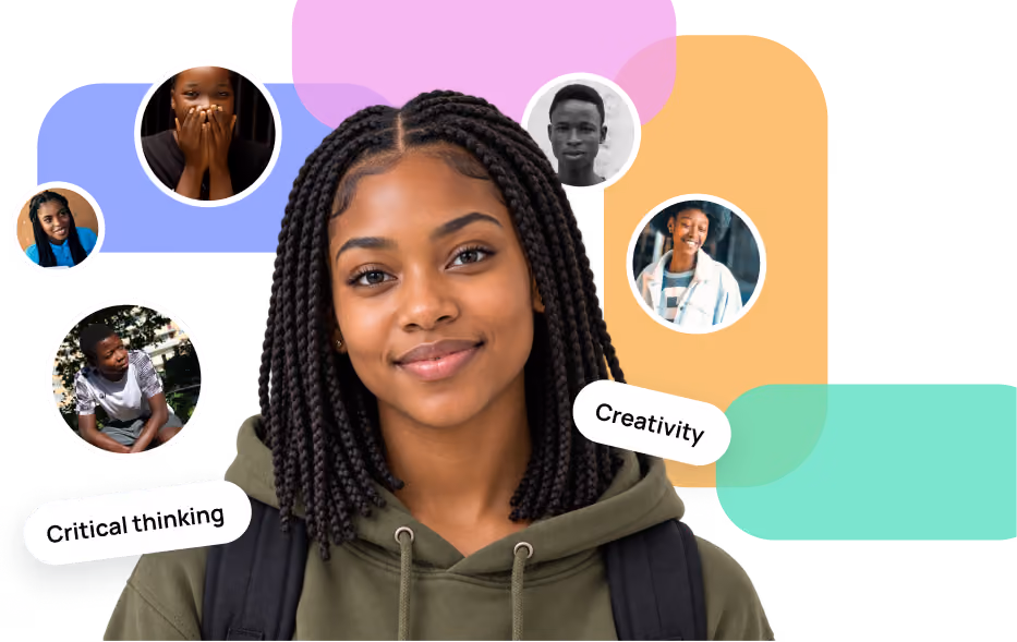 Portrait of a smiling young woman with braided hair wearing a green hoodie and black backpack, surrounded by six circular photos of diverse young people and colorful abstract shapes, with the words 'Critical thinking' and 'Creativity' in white rounded rectangles.