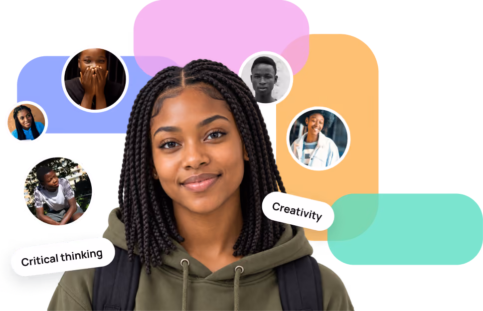 Smiling teenage girl with braided hair wearing an olive green hoodie and backpack, surrounded by circular portraits of diverse young people with colorful rounded rectangles in the background, and text labels reading 'Critical thinking' and 'Creativity'.