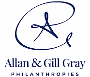 Calligraphic logo featuring a stylized letter 'A' inside a large, flowing capital 'G', with 'Allan & Gill Gray Philanthropies' written below in blue text.