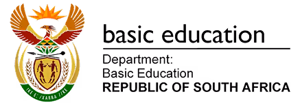 Official emblem of the Department of Basic Education, Republic of South Africa, featuring a golden eagle with outspread wings above a shield and two human figures holding a torch.