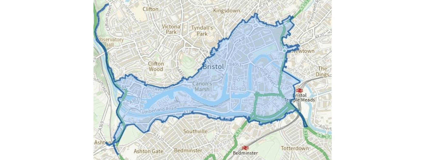 A Bristol Clean Air Zone map showing the borders of the zone