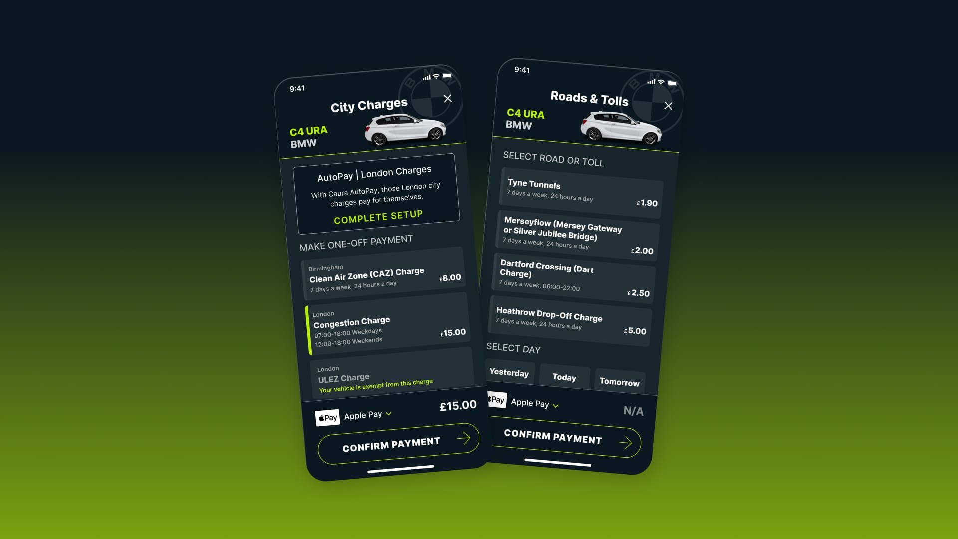 Caura app city charges and tolls screens