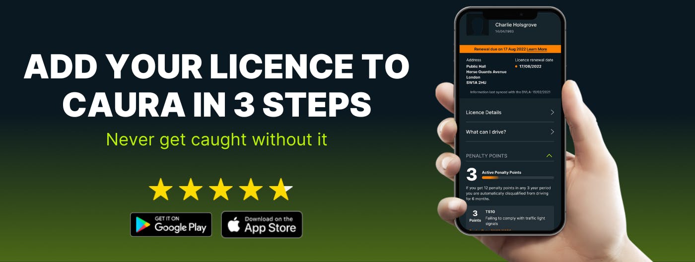Caura app showing the driving licence screen