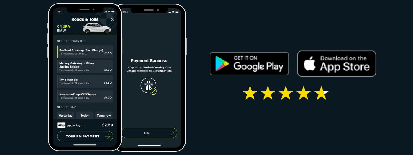 Caura app screen showing the Dart charge, and payment success screen for the Dart charge