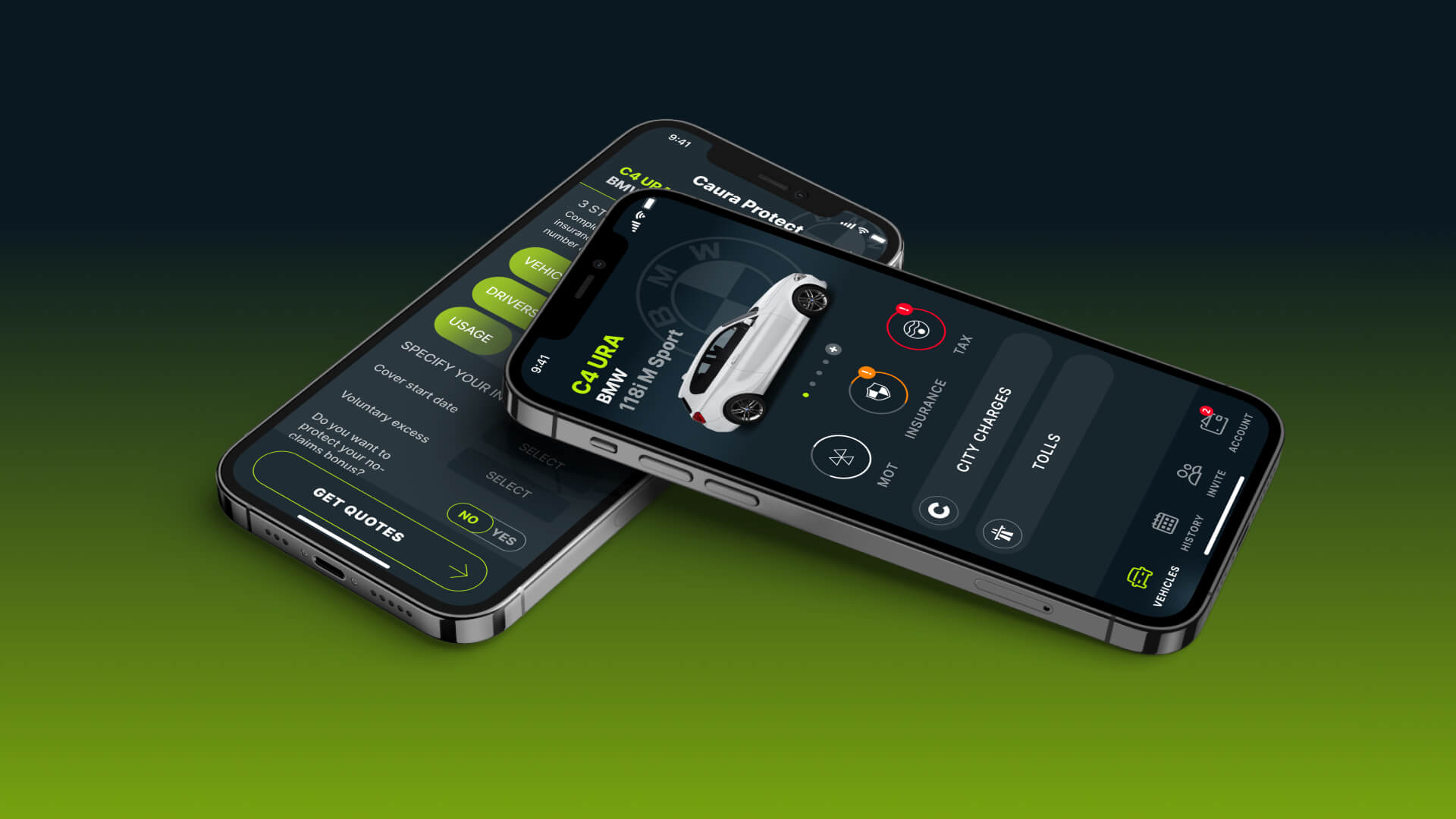 Caura app home screen and insurance screen