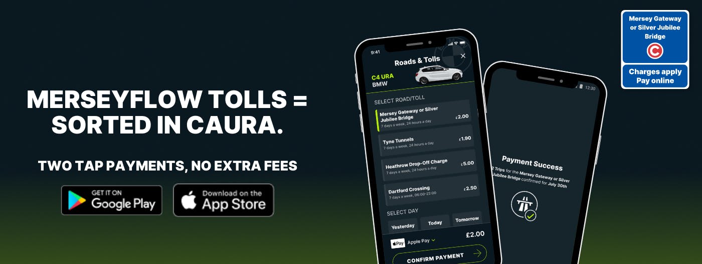 Banner showing Merseyflow toll charges in Caura and payment success screen