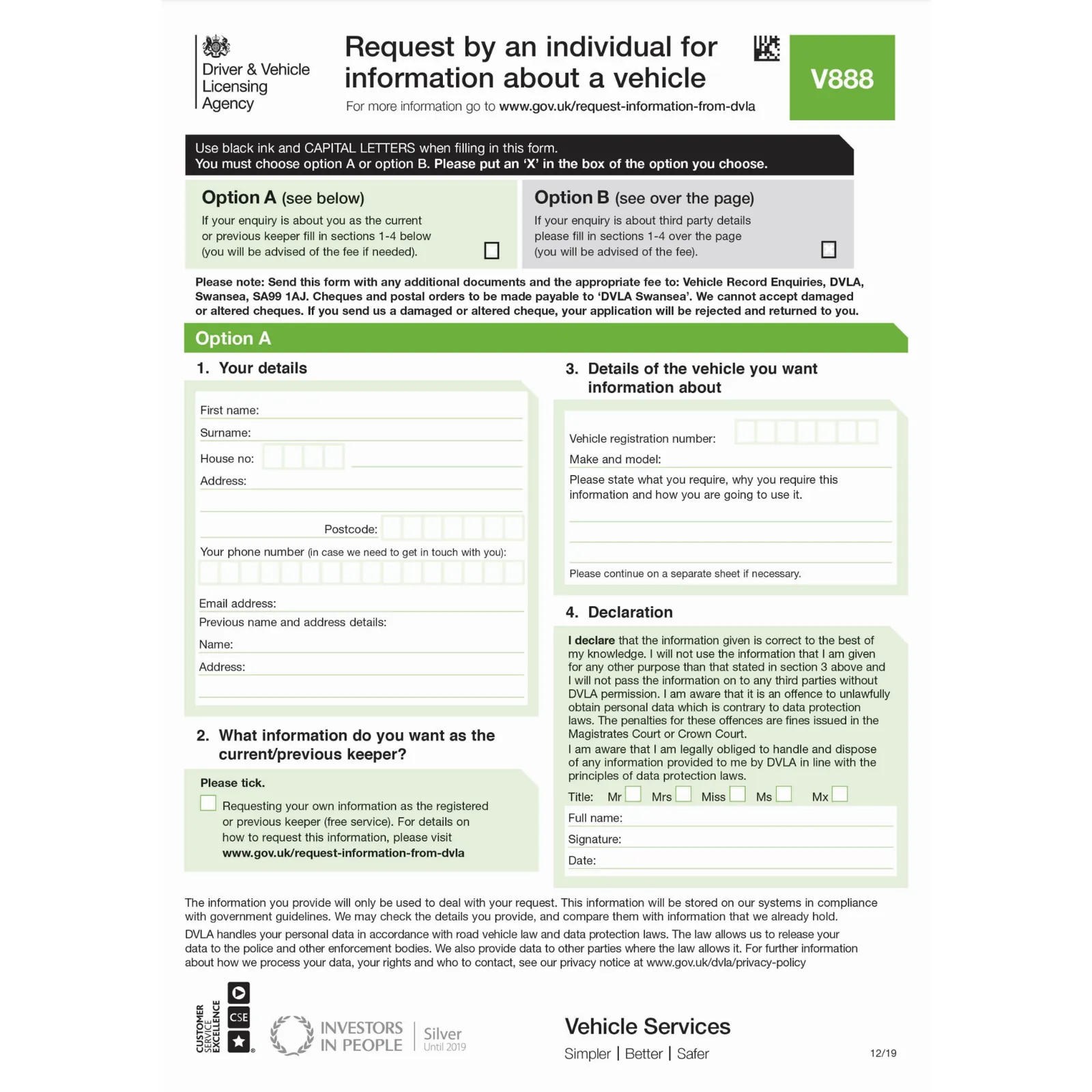V888 form to send to the DVSA to check MOT history