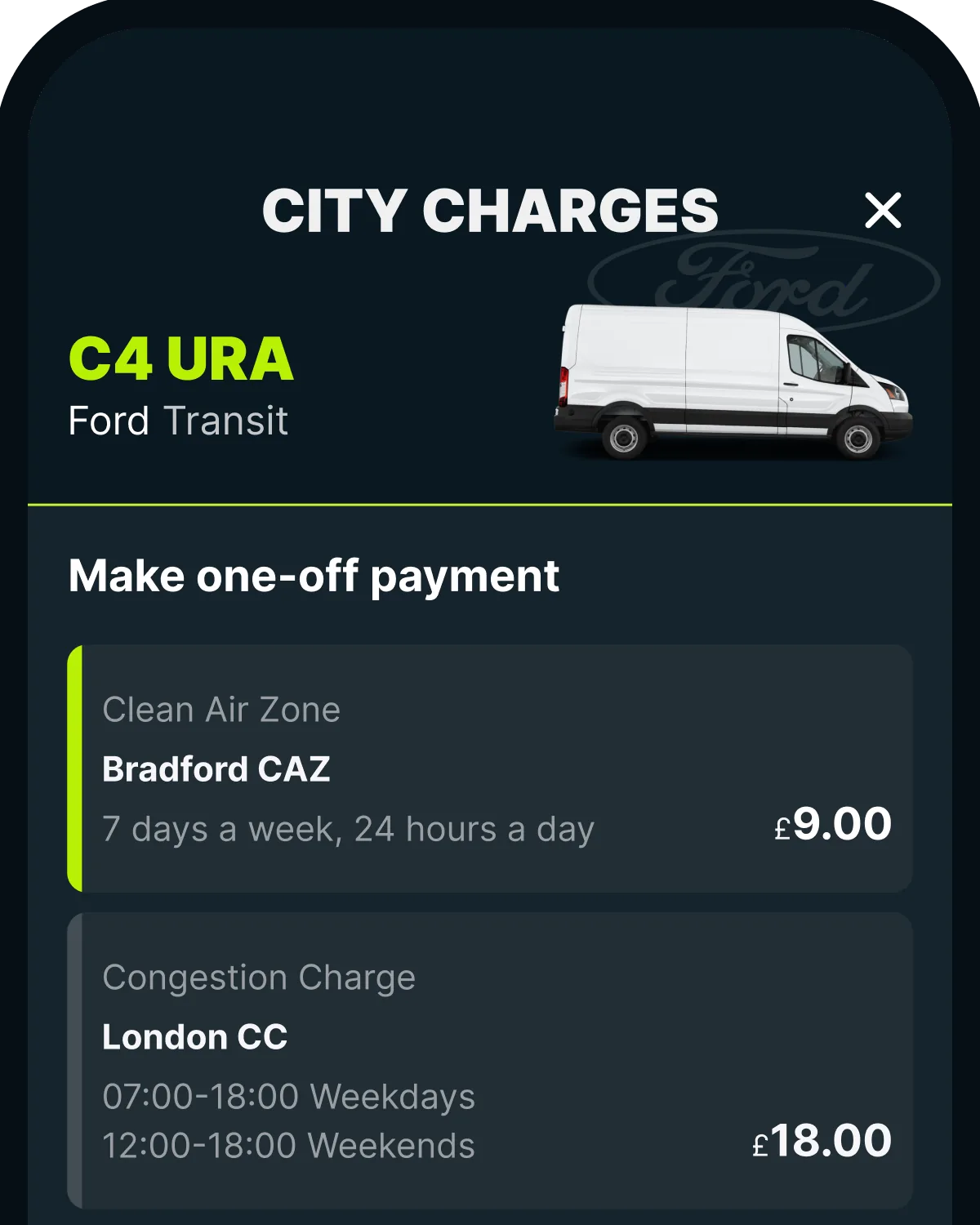 The Caura app's City Charges screen, ready to pay the Bradford Clean Air Zone