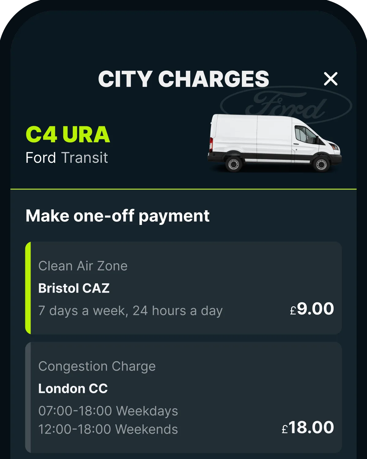 The Caura app's City Charges screen, ready to pay the Bristol Clean Air Zone