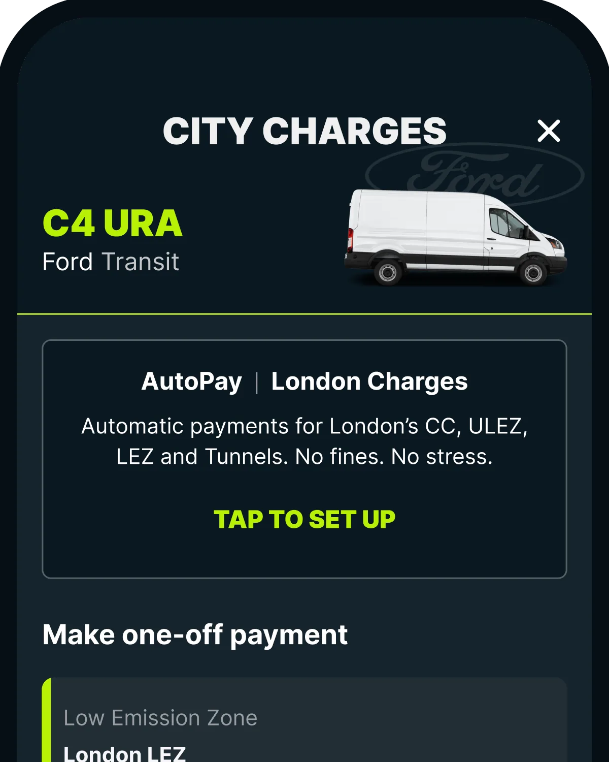 The Caura app's City Charges screen, ready to pay the London Low Emission Zone