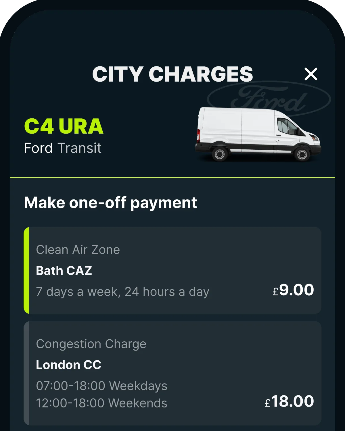 The Caura app's City Charges screen, ready to pay the Bath Clean Air Zone