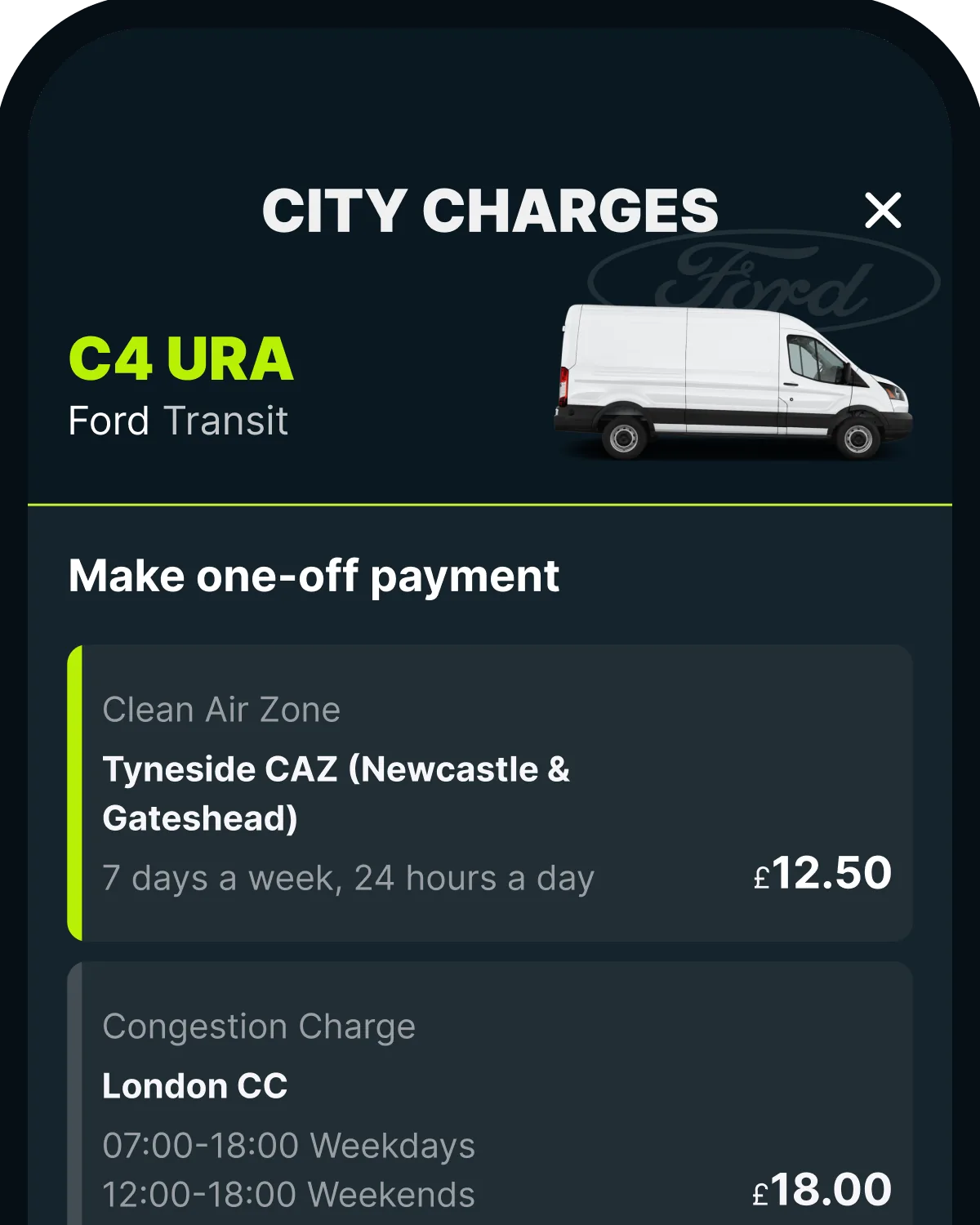 The Caura app's City Charges screen, ready to pay the Newcastle Clean Air Zone